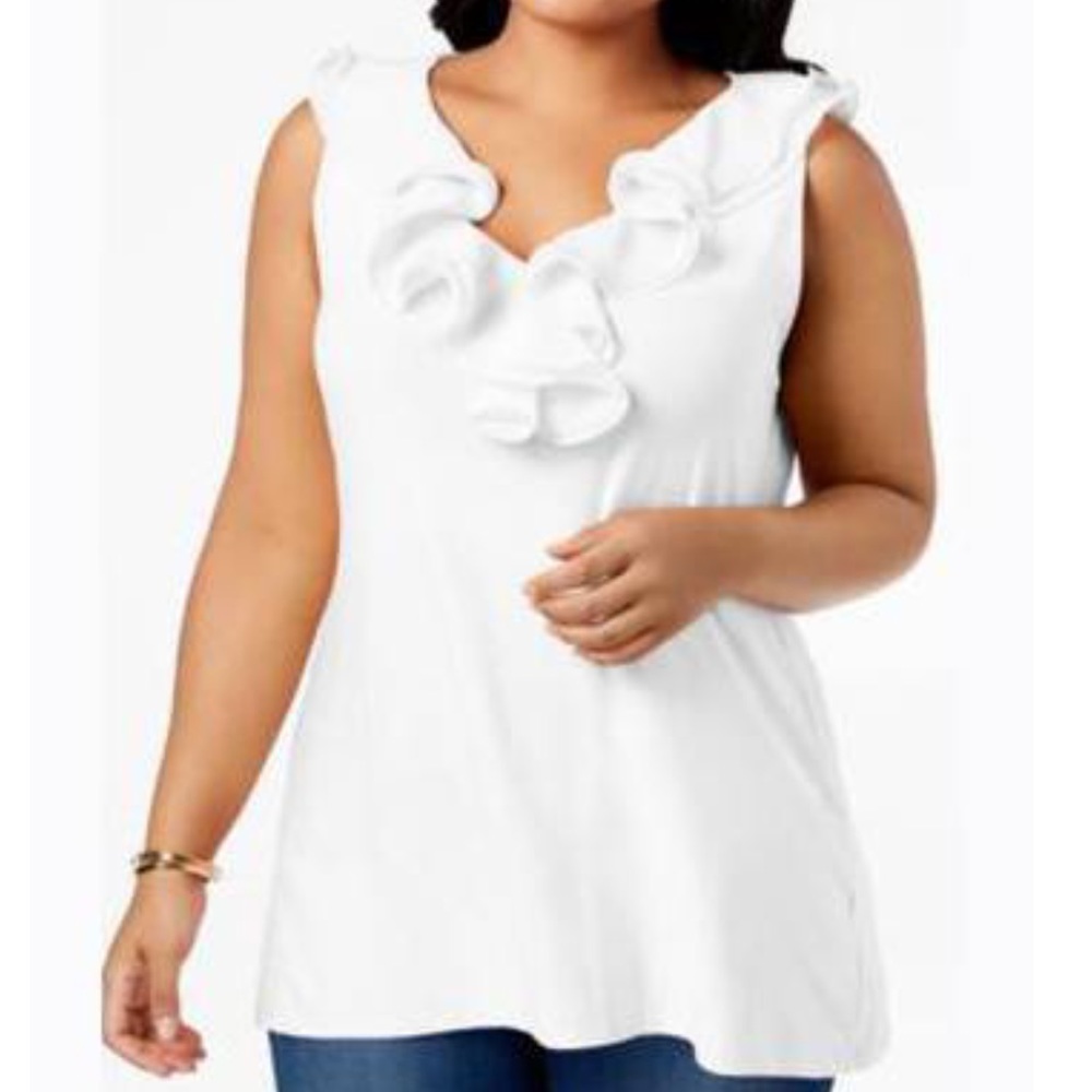 NWT Belldini Ruffle Neckline Off-white Sleeveless Tunic Top - Size Medium - Picture 1 of 10